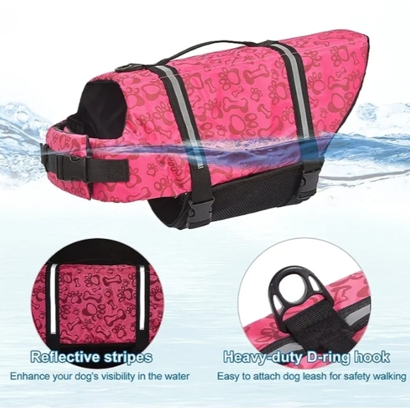 Dogcheer Ripstop Dog Life Jacket, Reflective & Adjustable Pink w/Bone Print XS - Picture 4 of 6